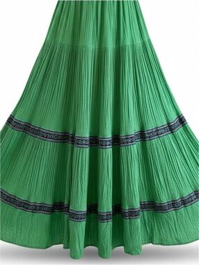 Mirasol XL Green Tiered Crinkle Cotton Boho Peasant Maxi Skirt Elastic Waist